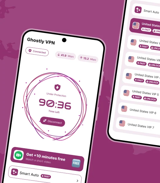 Ghostly VPN connected, showing the protection timer, live speeds and the server list