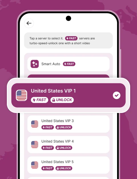 Server list with United States VIP nodes, FAST and UNLOCK badges